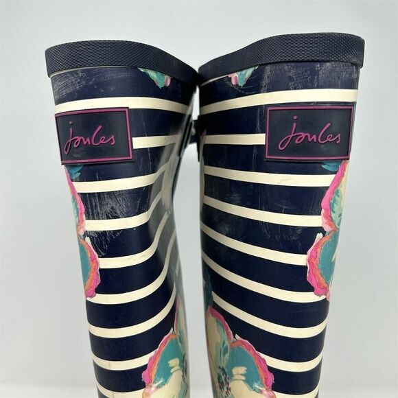 Joules Navy Blue Watercolor Floral Stripe Rain Boots Size 8 **small flaw** - Picture 4 of 16